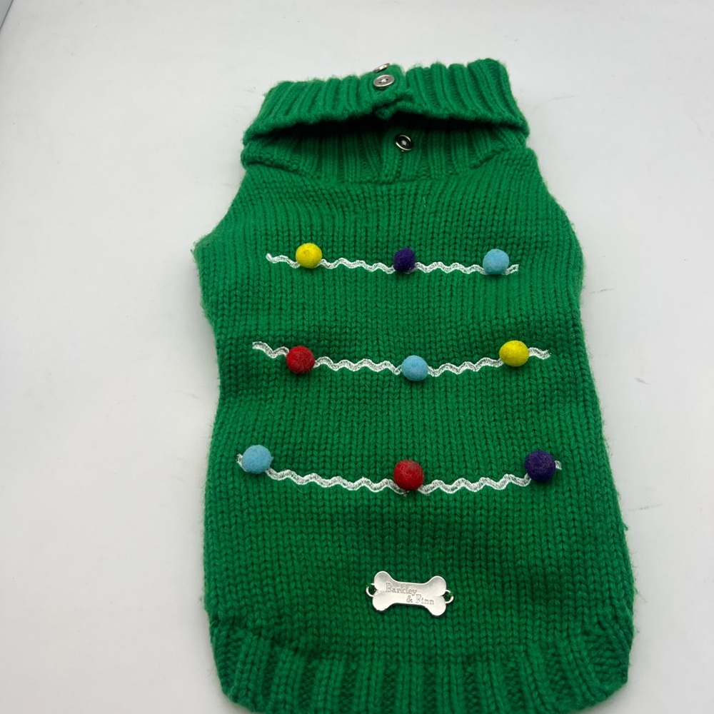 Green Dog Sweater with Colorful Pom Poms